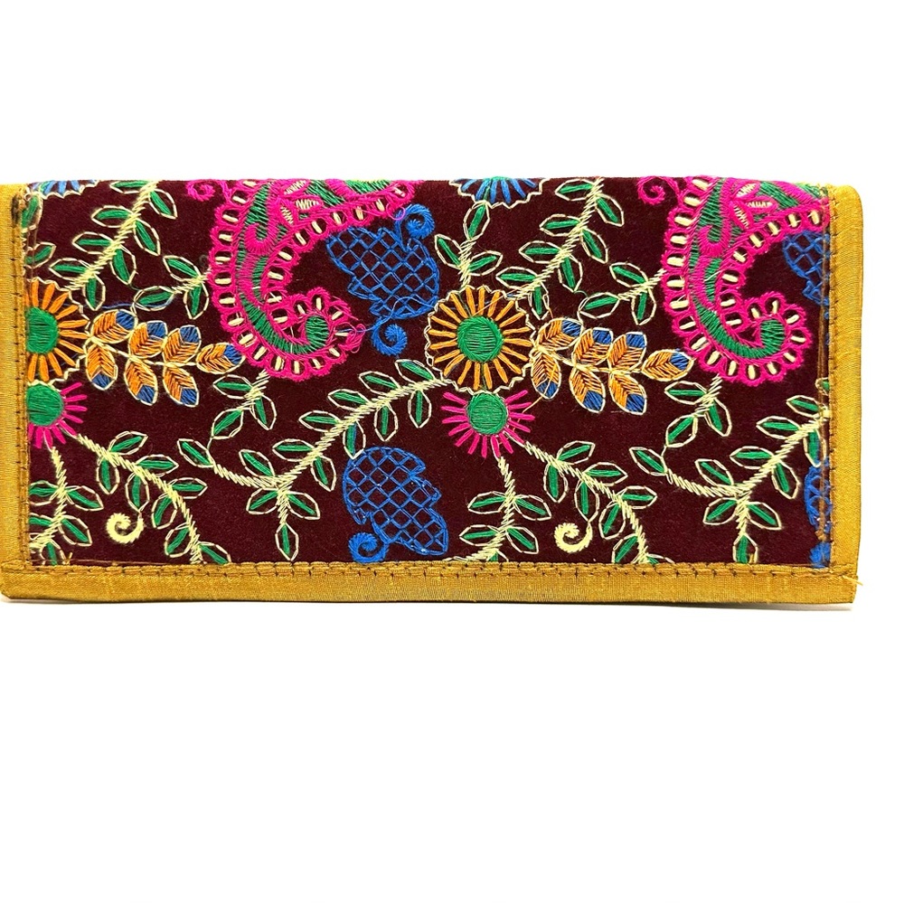 Embroidered Floral Clutch Wallet in Burgundy and Gold